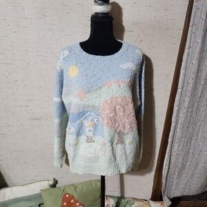 Whimsical PastelLandscape Crew Neck SweaterVintage 80s/90s Mary Maxim Handnit